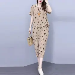 2024 Summer New Women's Pullovers Crew Neck Printed Casual Korean Version Versatile Short Sleeve High-end Two-piece Capris Set