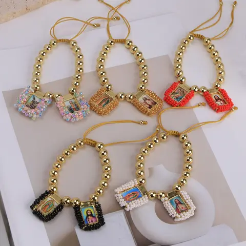 18k Gold Plated Virgin Mary Beaded Religious Bracelets Adjustable Catholic Gift