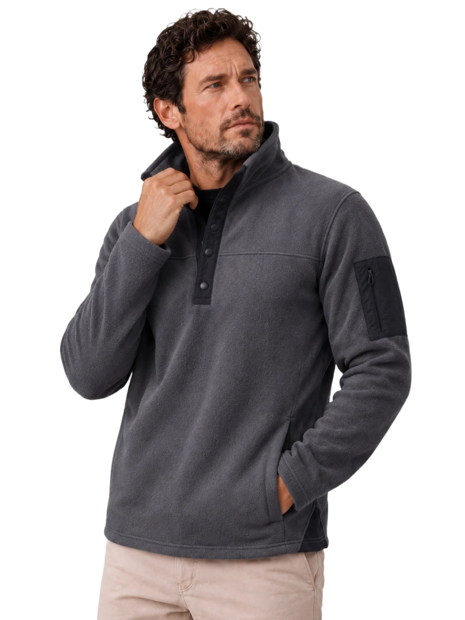 AIOPESON Herren Fleece-Sweatshirt mit mehreren Taschen, Stehkragen, Druckknöpfen, einfarbig, lässiger Outdoor-Pullover, warm für Herbst und Winter. – Detail 7