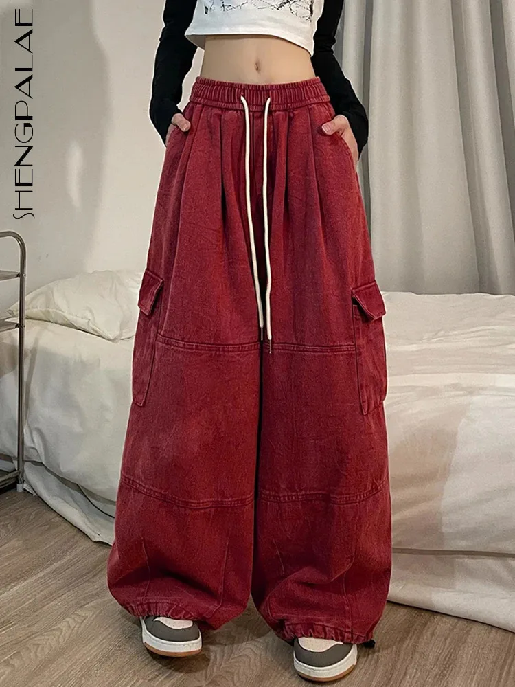 SHENGPALAE Vintage Style Women Trousers Elastic Waist Spliced Pockets Loose New 2024 Female Solid Color Wide Leg Pants 5G506