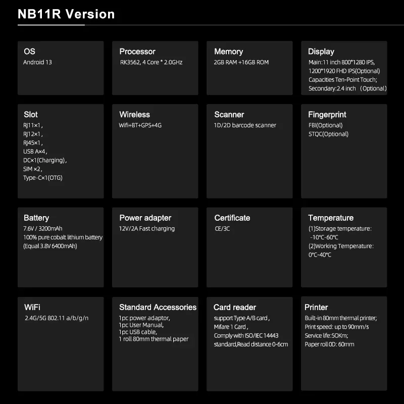 Noryox 11-calowy Pos Wszystko w jednym Pojemnościowe systemy dotykowe Android 12 Pos dla restauracji NB11R Pos Machine SDK z ekranem 2,4 cala