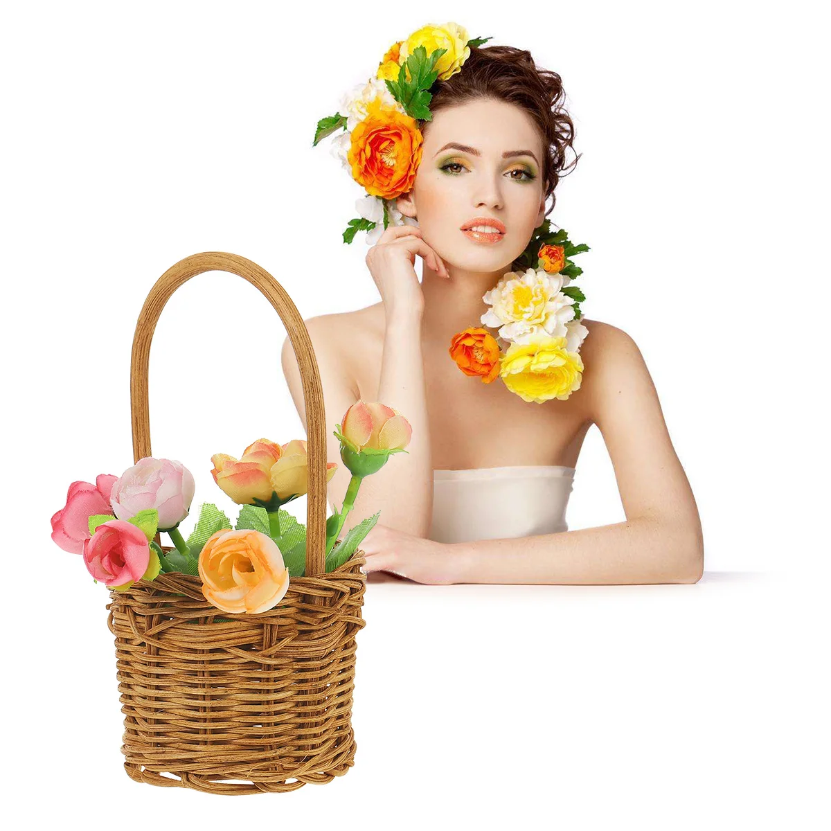 

Mini Rattan Weaving Basket Round Shape Portable Handle Storage Wedding Decor Vase Flowers Dried Moss Picnic Rustic Theme