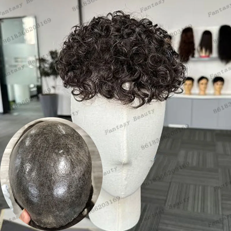 

Супер тонкая основа кожи, мужские человеческие волосы, парик, незаметный серый, черный 1B10 1B20, мужские парики, супер прочная система вьющихся волос 18 мм