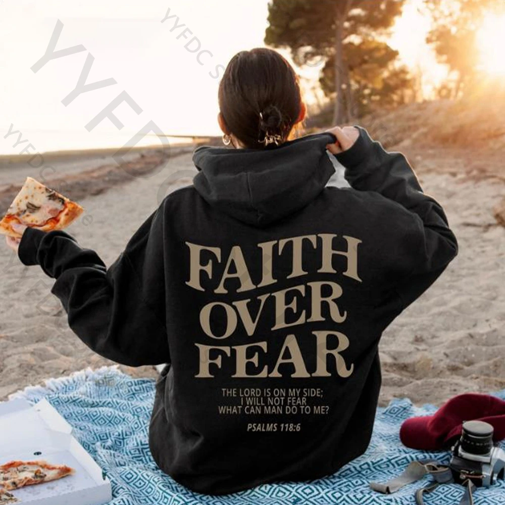 

Faith Over Fear Letter Print Hoodies Men Women Autumn Loose Sweatshirt Warm Hooded Pullovers Streetwear Hip Hop Oversized Hoodie