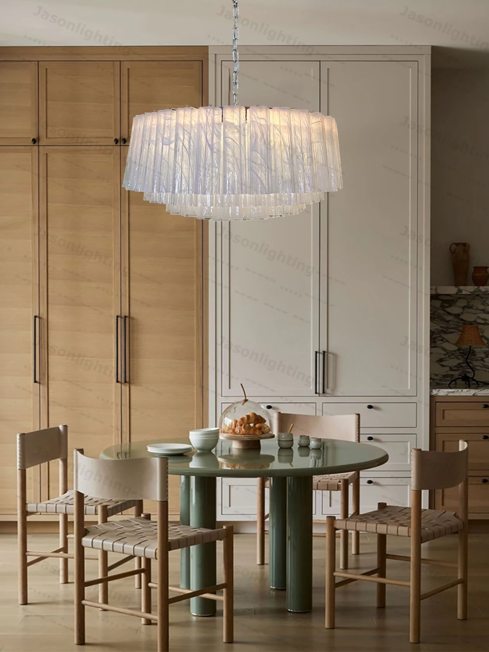 Home French Glass Art Round Dimmable LED Chandelier