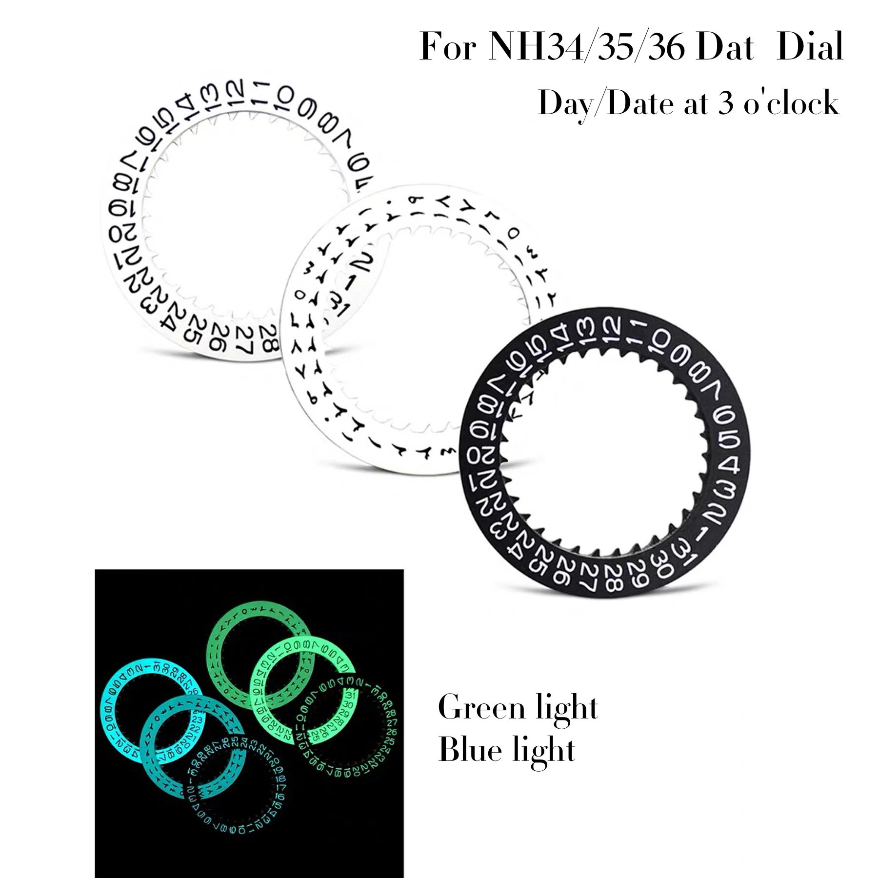NH34 NH35 NH36 Movement Luminous Calendar Ring Blue/Green Date Wheel at 3 Oclock Mod Parts