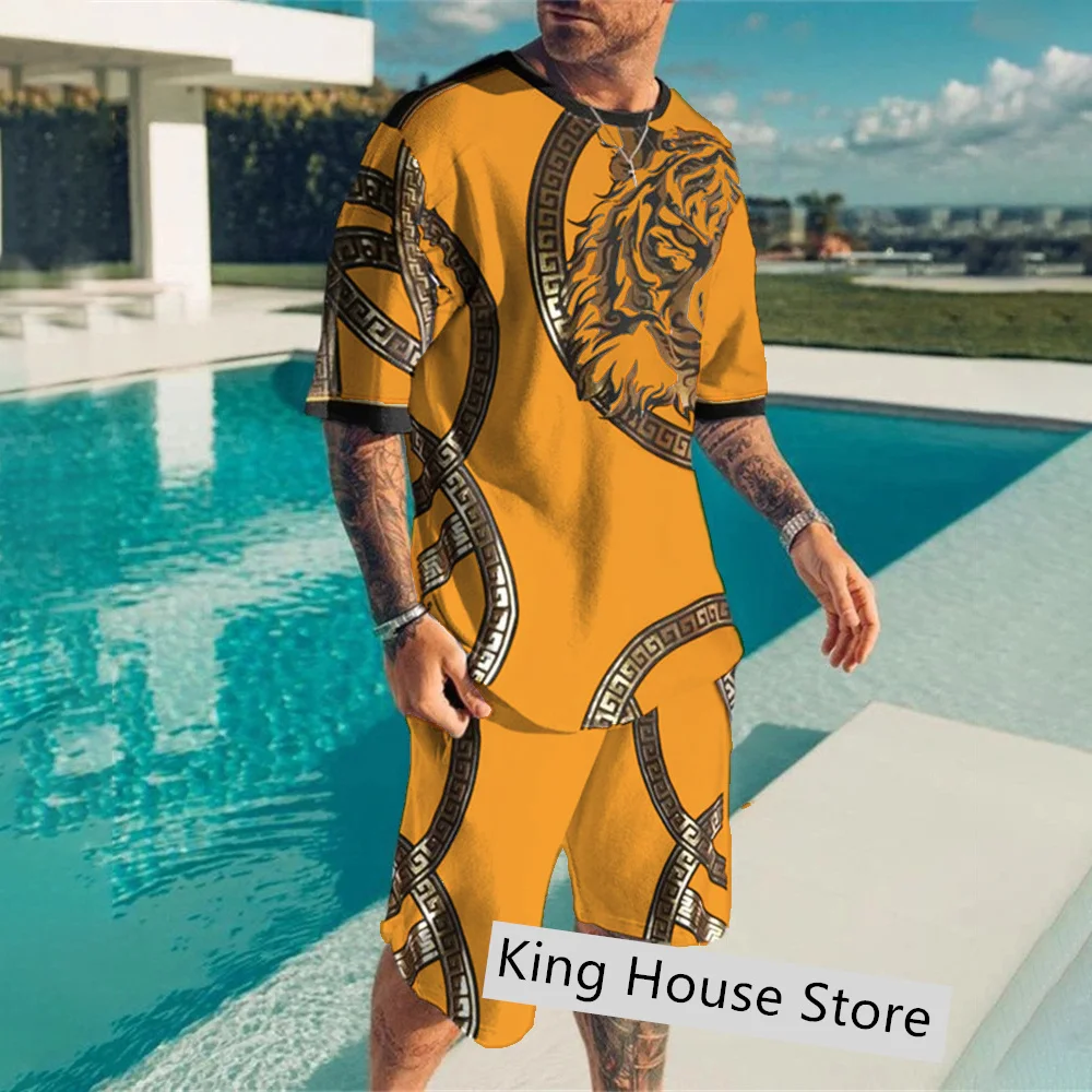 Men Oversized Tracksuit 2 Piece Sets Male Tiger King 3D Print Sports Short Sleeve Beach Sportwear Summer Casual Outfits Suits