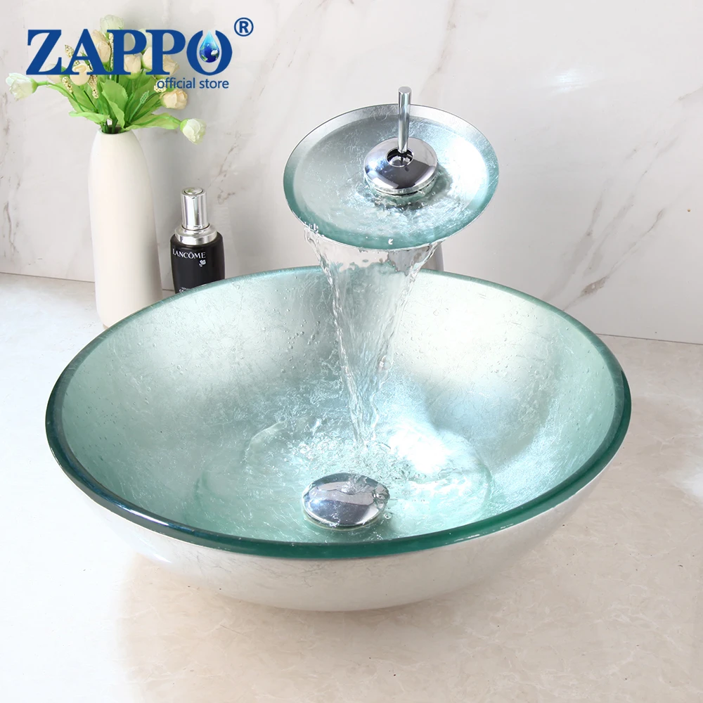 ZAPPO Bathroom Round Mint GreenTempered Glass Sink Oval Washbasin Faucets Combo Toilet Basin Sink Set + Pop Up Sink Drain