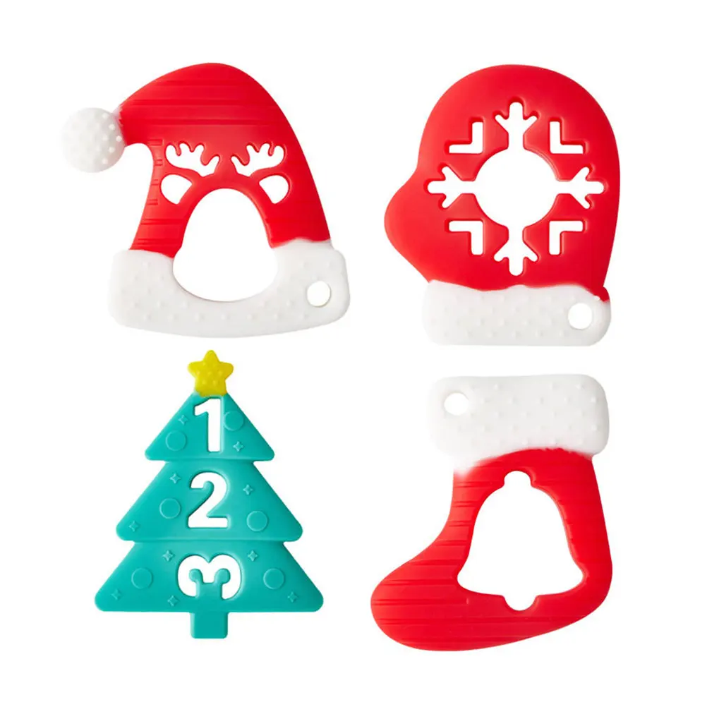4개입 아기 치발기 실리콘 소프트 유아용 츄잉 치아 통증 완화 안전 크리스마스 치발기 신생아 유아 통증 진정 선물