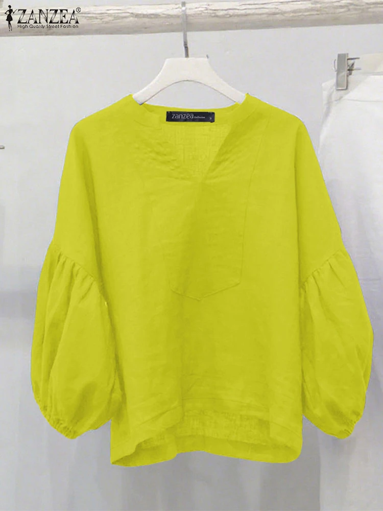 

ZANZEA 2025 Autumn Casual Blouses Woman Stylish Chic Seamed High-Low Blusas Mujer V-Neck 3/4 Lantern Sleeve Solid Color Tops