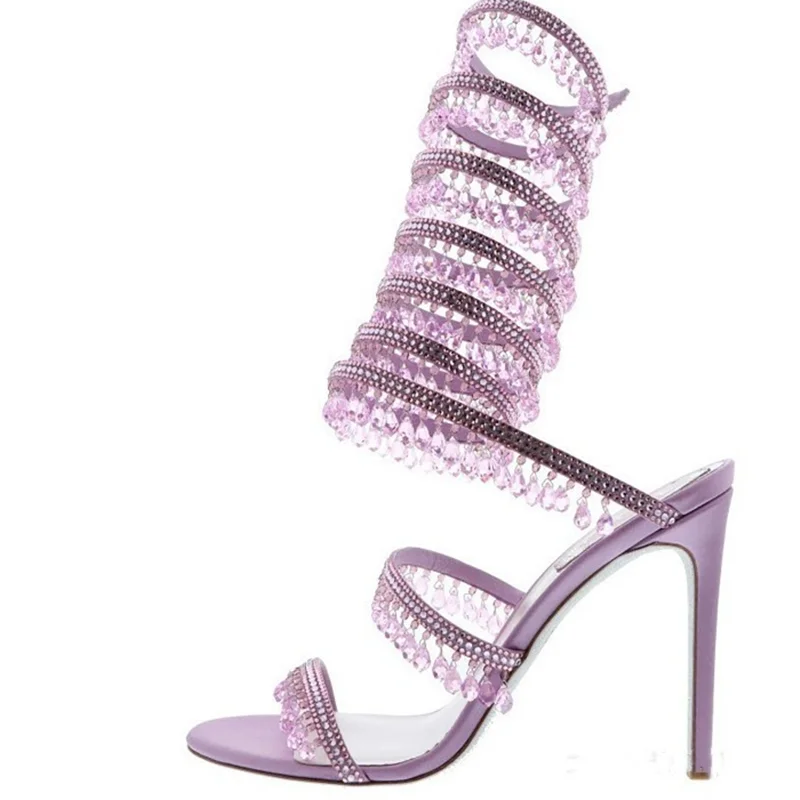 

Sexy Rhinestone Fringe High Heel Sandals Cross Ankle Wrap Open Toe Thin Heels Wrapped Summer Dress Shoes Purple Blue Silver