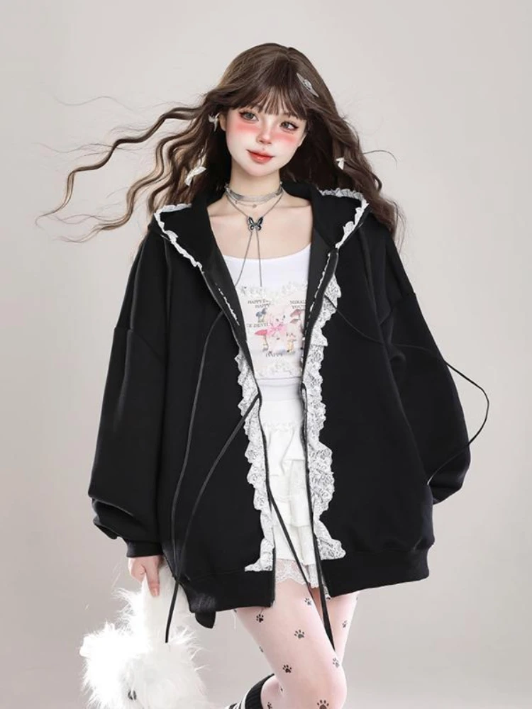 QWEEK Y2k Coquette Lace Zip Up Hoodie Japanese Harajuku Kawaii Cute Loose Oversize Zipper Sweatshirt 2024 Autumn Fashion