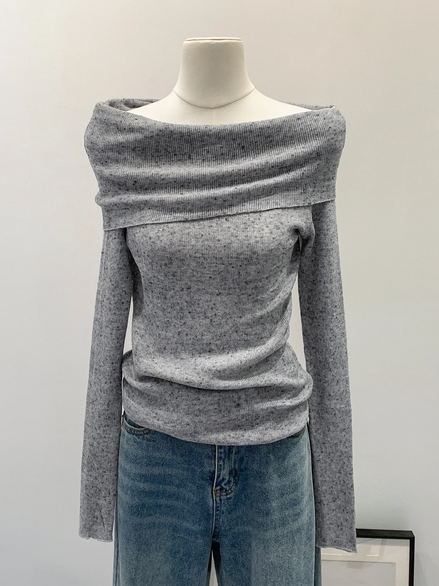 

Shiny Sequin Knitted Shoulder Bared Sweater Women's Autumn Winter Fashion Slimming Versatile Long Sleeve Comfortable Fit Top