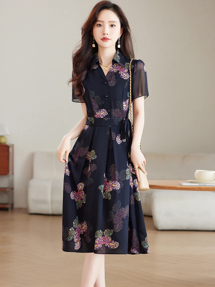 

Women Korean Vintage Floral Polo Collar Shirt Dress Summer Black Elegant Bow Bandage Dress 2025 Fashion Bodycon Festival Dresses