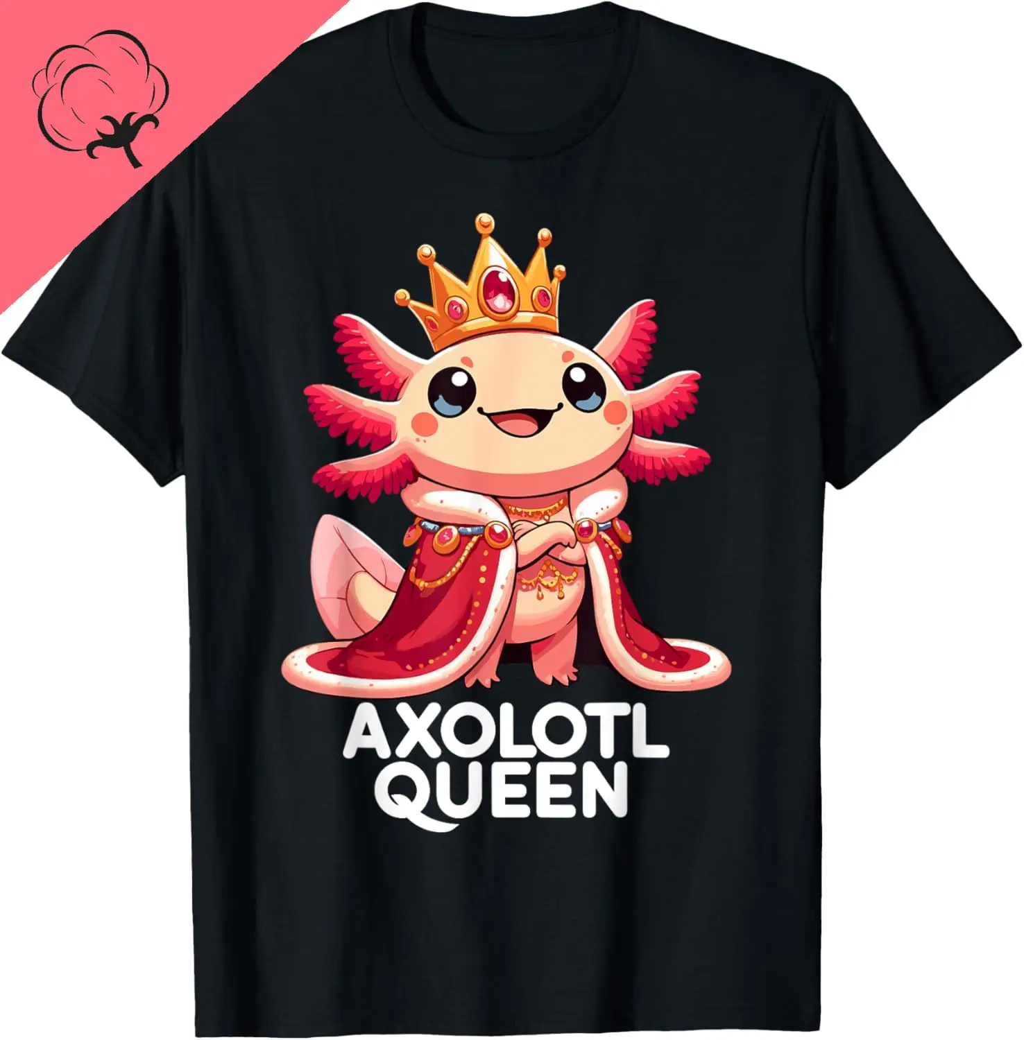 Camiseta Axolotl Queen Cute Kawaii, camiseta de algodão personalizada, roupa casual, streetwear, camisa engraçada, camisas streetwear