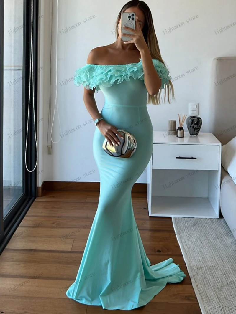 Modern Evening Dresses Satin Prom Dress Off The Shoulder Sheath Mermaid Feather Decoration Sheath Mermaid Vestidos De Noche 2024