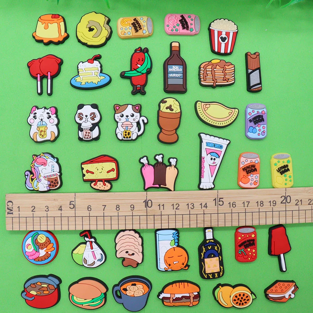 1-36PCS PVC Shoe Charms Buckle Cheesecake Panda Pudding Popcorn Sausage Muffins Candy Drinks Garden Shoes Button  Decorations