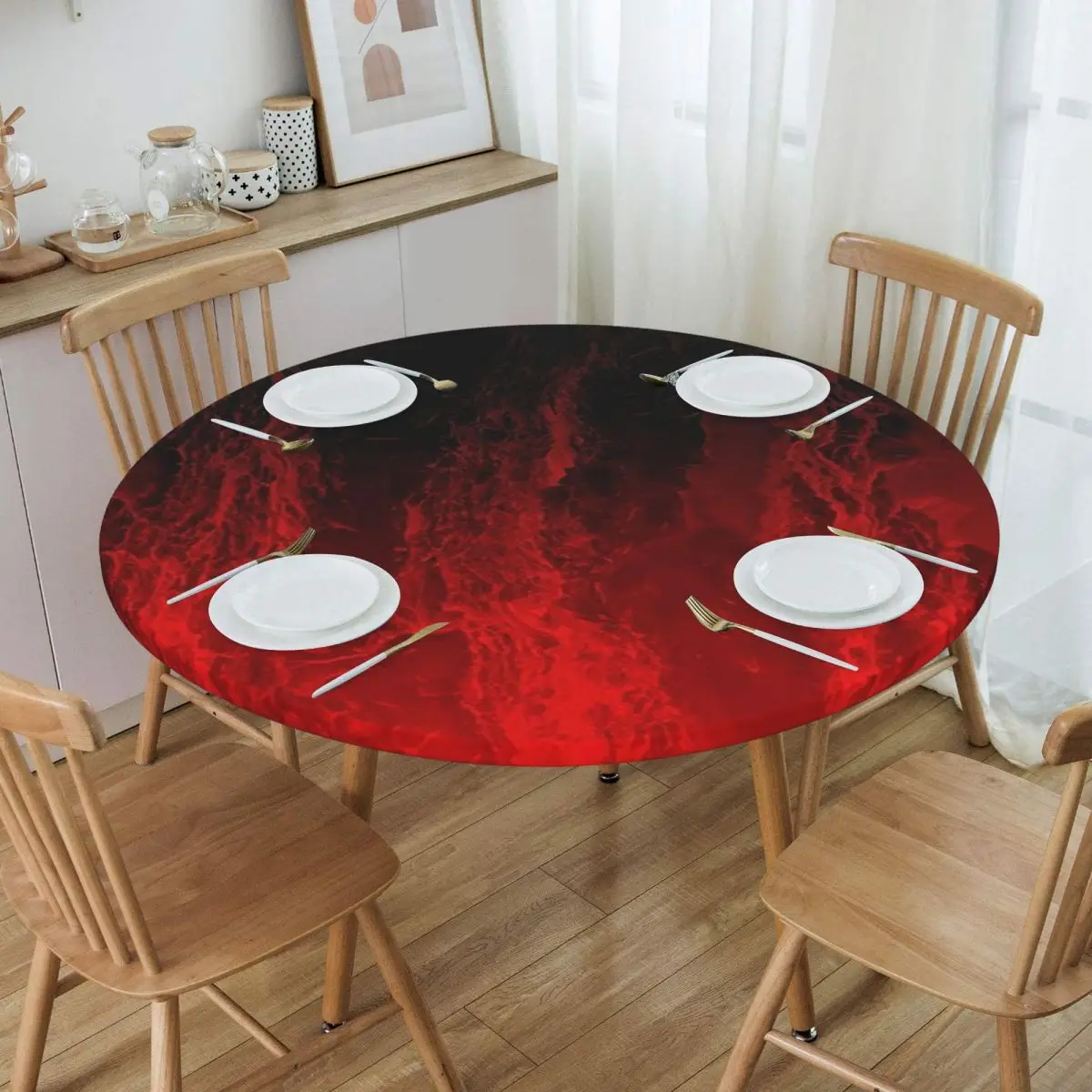 Red Fire Flame Waterproof Round Tablecloth Oilproof Table Cloth for Kitchen Events Dining Table Cover