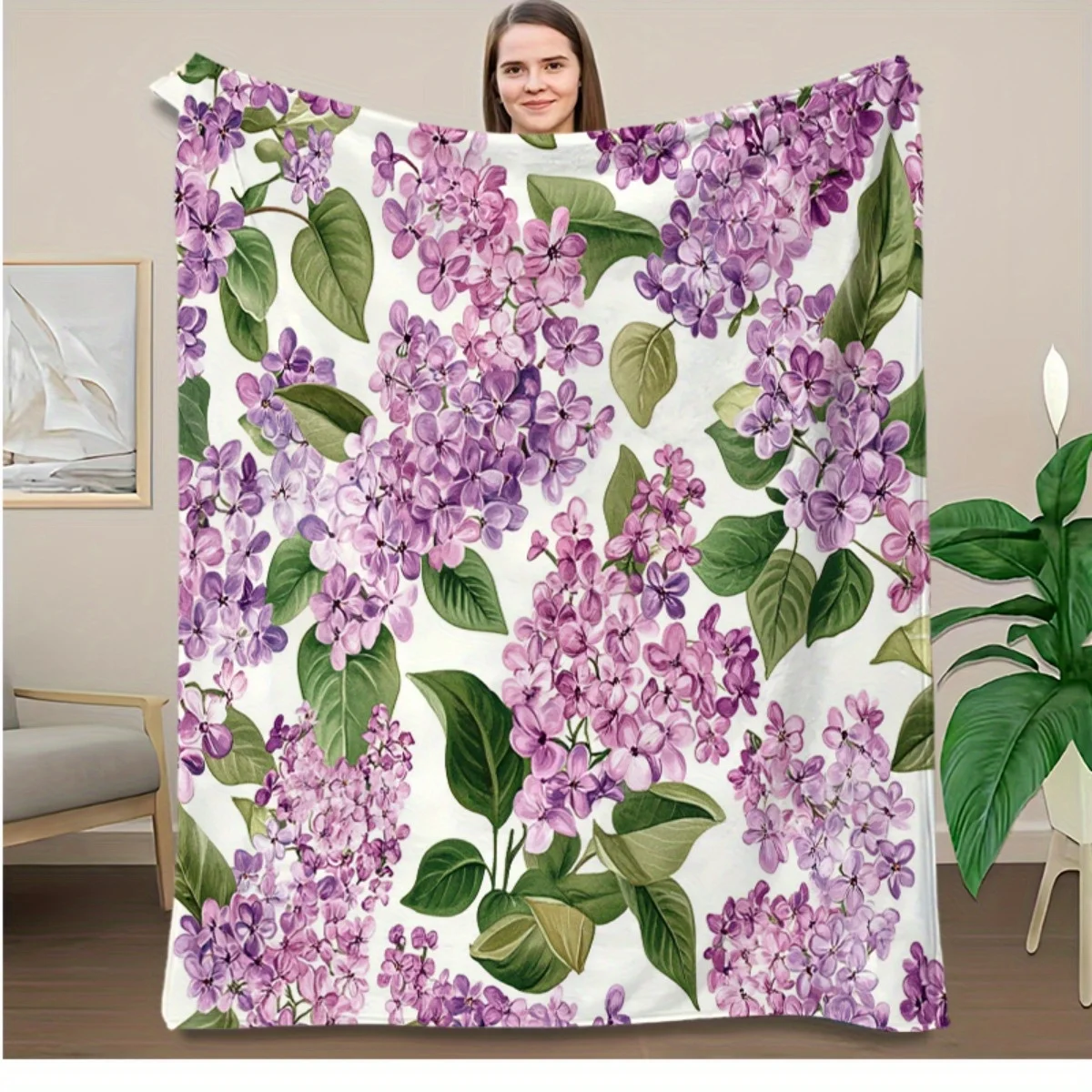 Elegant Lilac Floral Blanket - Soft Flannel with Vintage Lilac & Green Leaves Print,for Sofa Bed Office Car Camping, Home Decor