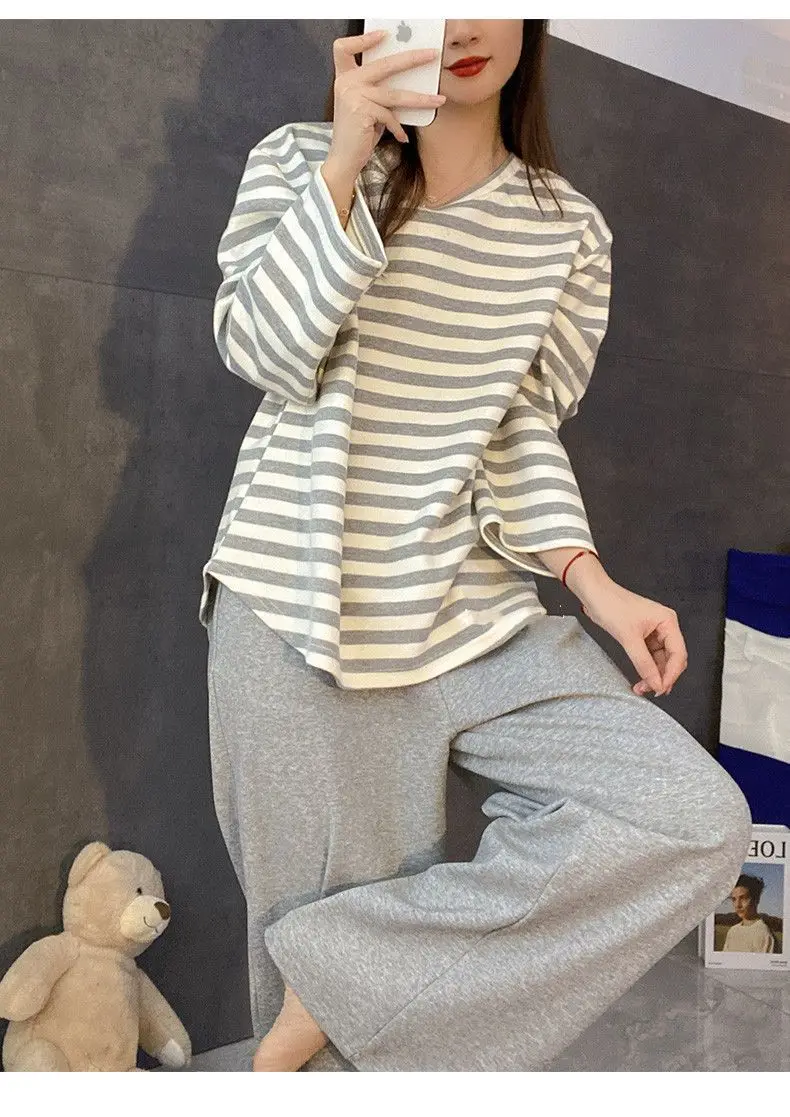 Damen-Herbst-Pyjama mit Brustpolstern, gestreift, langärmelig, Übergröße, O-Ausschnitt, schlicht, lässig, modisch, koreanischer Schulpyjama, Homewear – Detail 6