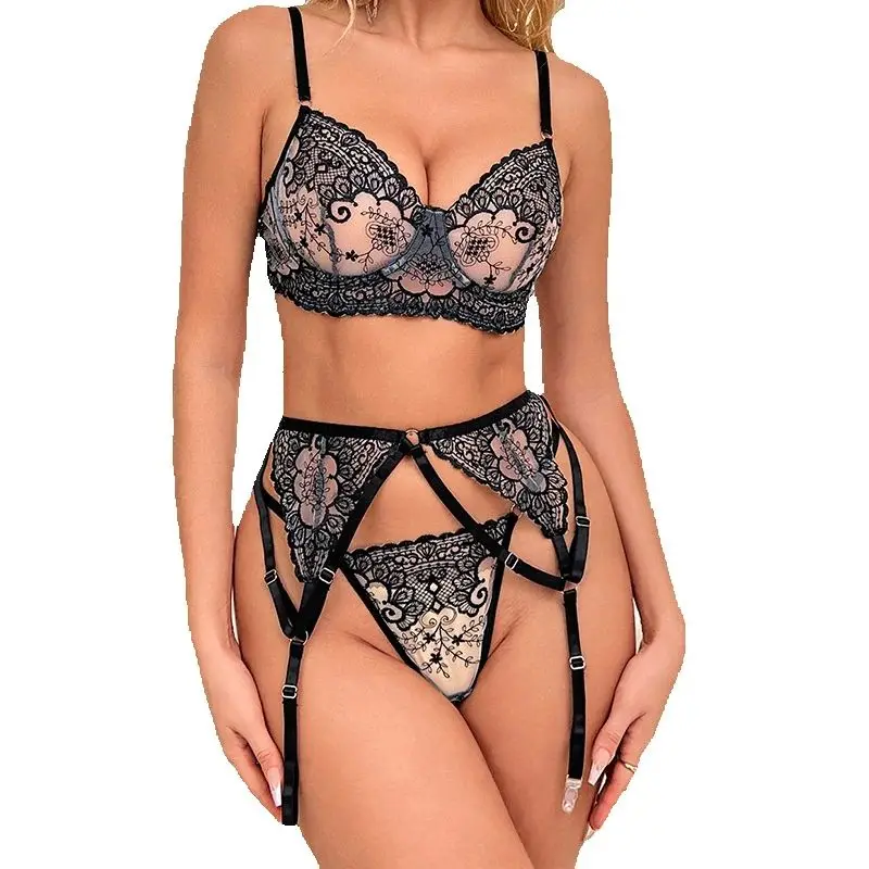 

Сексуальное кружевное белье, нижнее белье пуш-ап, полупрозрачный бюстгальтер и трусики, женское нижнее белье с цветочной вышивкой, комплект без косточек