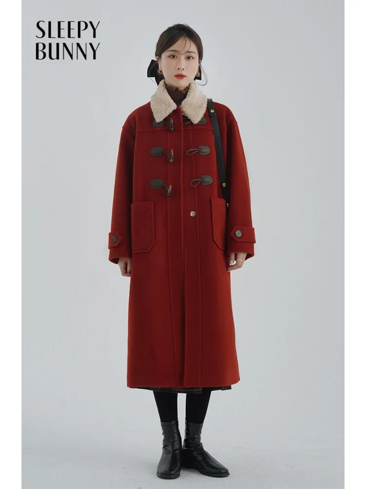 

Elegant Wool-Like Toggle Coat Long Winter Overcoat Women Warm Loose Fit Red Jacket with Shearling Collar for Petite Casual Wear