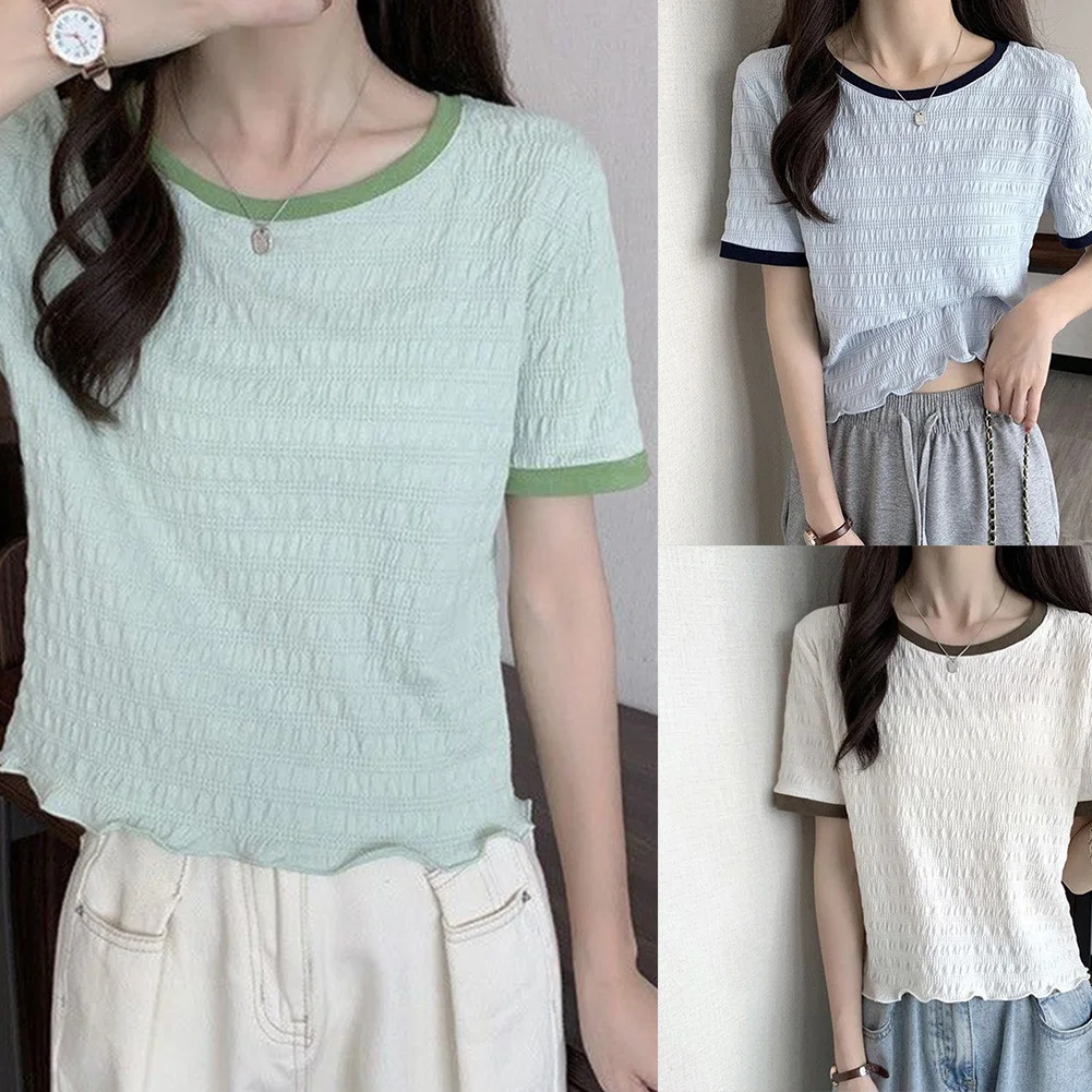 Casual Outing Everyday Use Fashion Cropped Top Simple Style Casual T-shirt Crew Neck Top Ruffled T-shirt Crew Neck