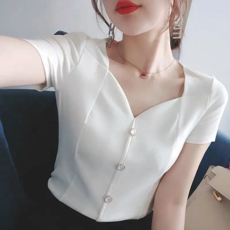 Elegant V-Neck Button Solid Color Blouse Female Clothing 2024 Summer New Commute Tops All-match Office Lady Shirt