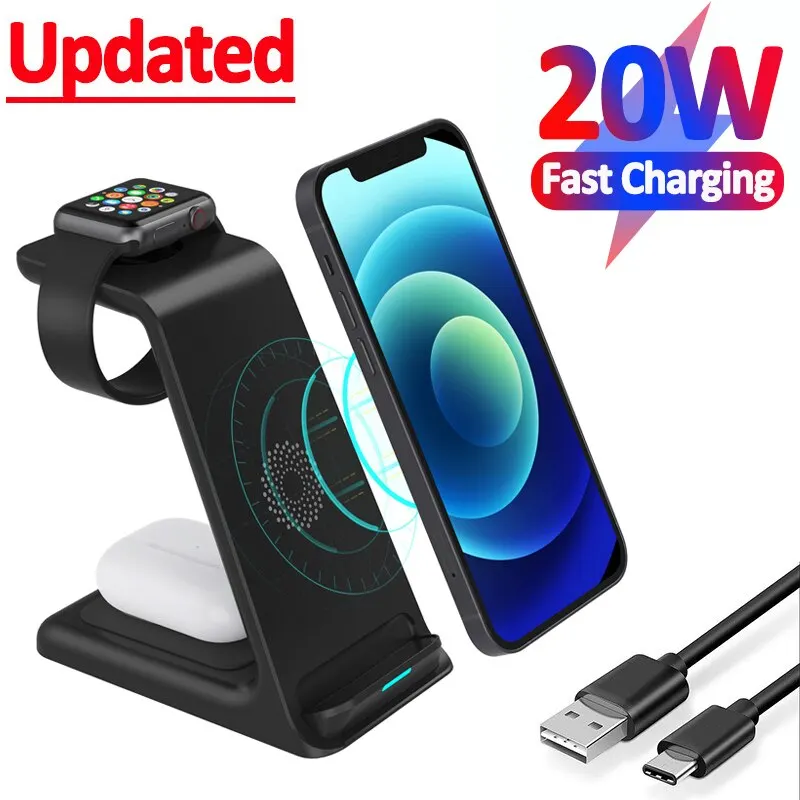 20W Wireless Charger Stand Pad For iPhone 14 13 12 11 X Apple Watch 3 In 1 Fast Charging Dock Station for Airpods Pro IWatch 8 7