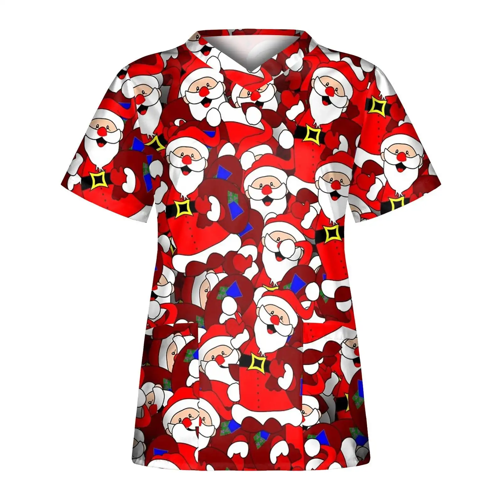 Surgical Uniforms Women Christmas Print Breathable Santa Claus Snowman Pattern V-Neck Short Sleeves Tops Nurse Uniform Women