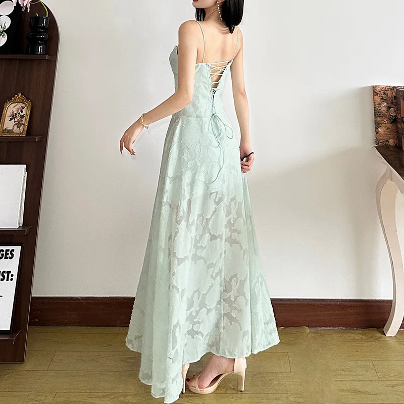 

2025 Spring/Summer New Women's Sexy Backless Seaside Vacation Style Suspender Semi Transparent Waist Cinching Dress For Women
