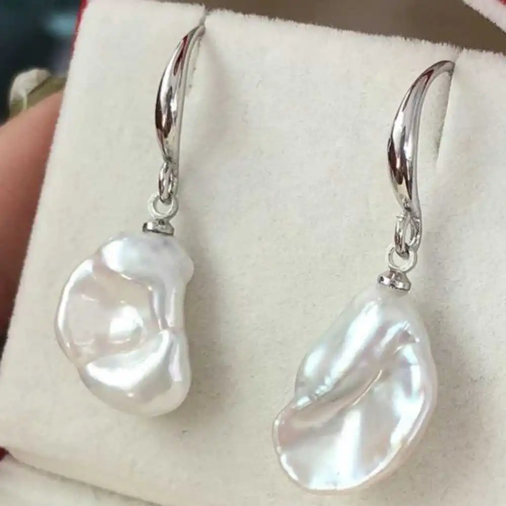 

Flawless natural white Baroque petal Pearl earrings +925 hook Ear Cuff Party Chandelier Art Handmade Platinum Hoop Crystal Men