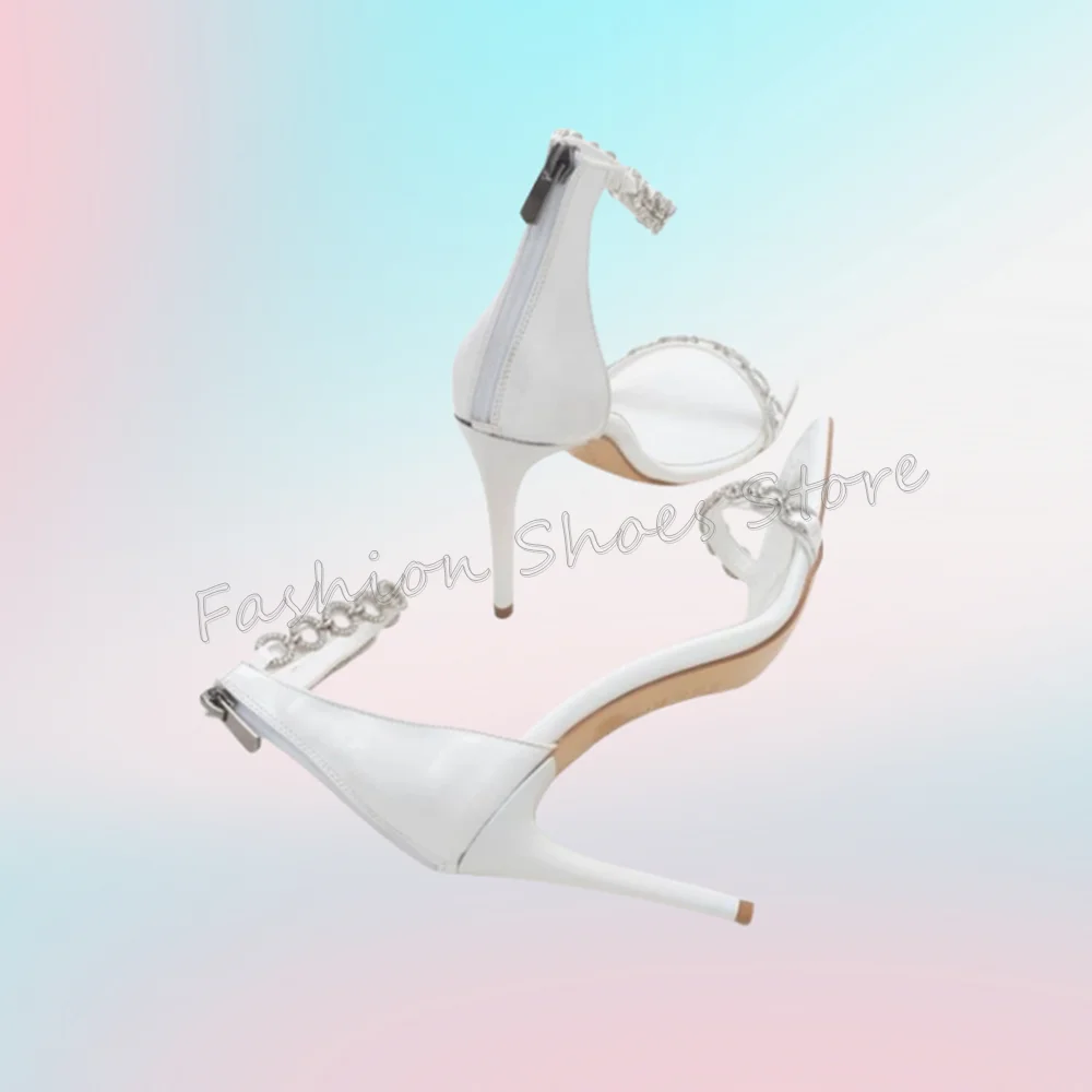 الأبيض كريستال سلسلة ديكور عودة زيبر الصنادل الخناجر عالية الكعب أحذية عالية الكعب للنساء الكعوب 2025 جديد Zapatos Para Mujere