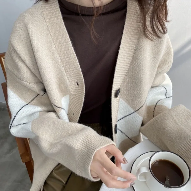 Preppy Cardigan Women Argyle Stylish Couple Soft Boyfriend Knitwear Fashion Teenagers High Quality Female Sweaters Classic Chic