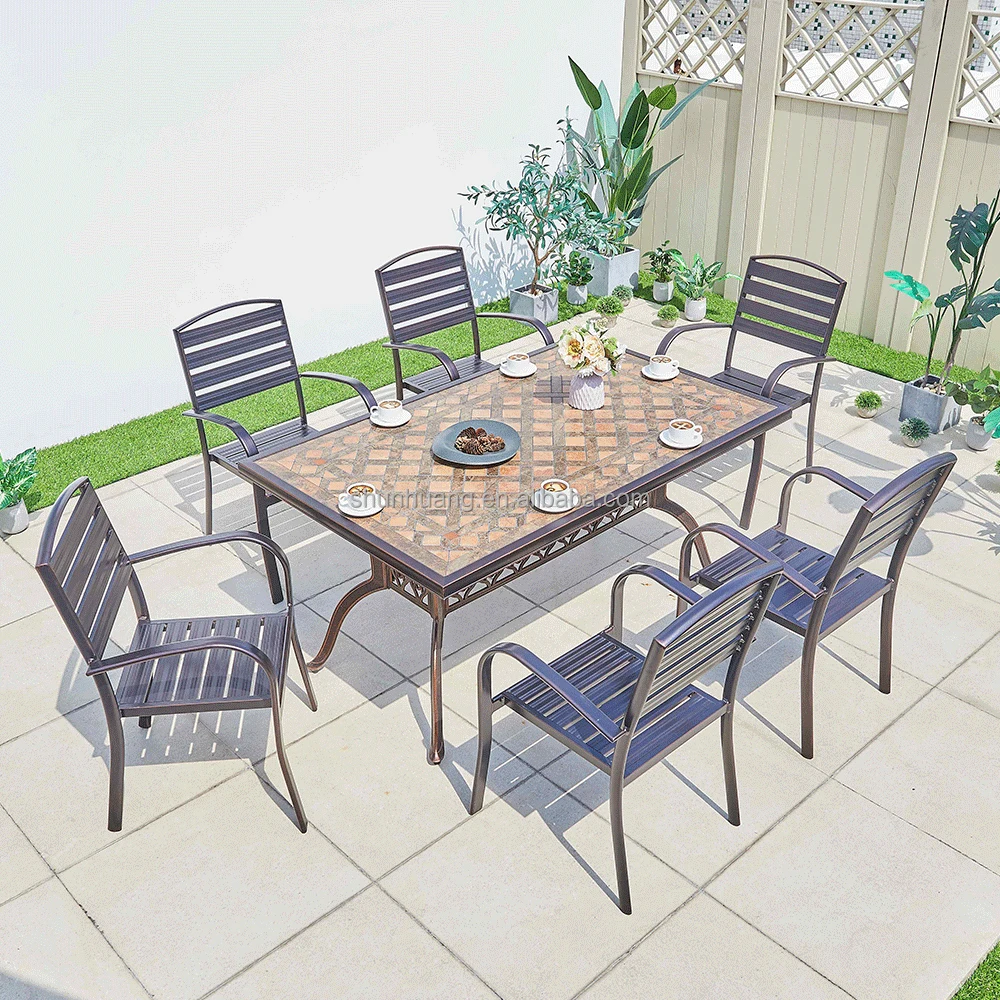 Penjualan terlaris bistro cast aluminium makan set outdoor cast meja aluminium dengan 6 kursi