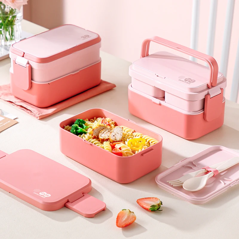 

Portable Lunch Box Bamboo Fiber 3in1 Double Layer Bento BOX Microwave Spoon Fork Women Girl School Kid Picnic Lunch Box