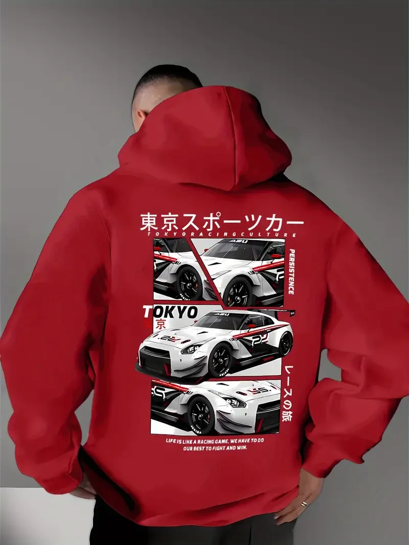 Hinter den Elementen der japanischen Tokyo Motor City steckt ein großformatiger, bedruckter Herren-Kapuzenpullover im lässigen Street-Style, ein Sweatshirt. – Detail 6
