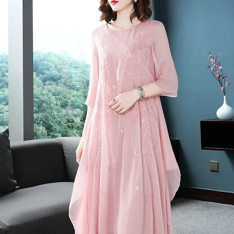 Chinese Style Cheongsam Dress Women Spring Summer Large Size Long Dresses Female Elegant Embroidered Dress Vestidos Pink White