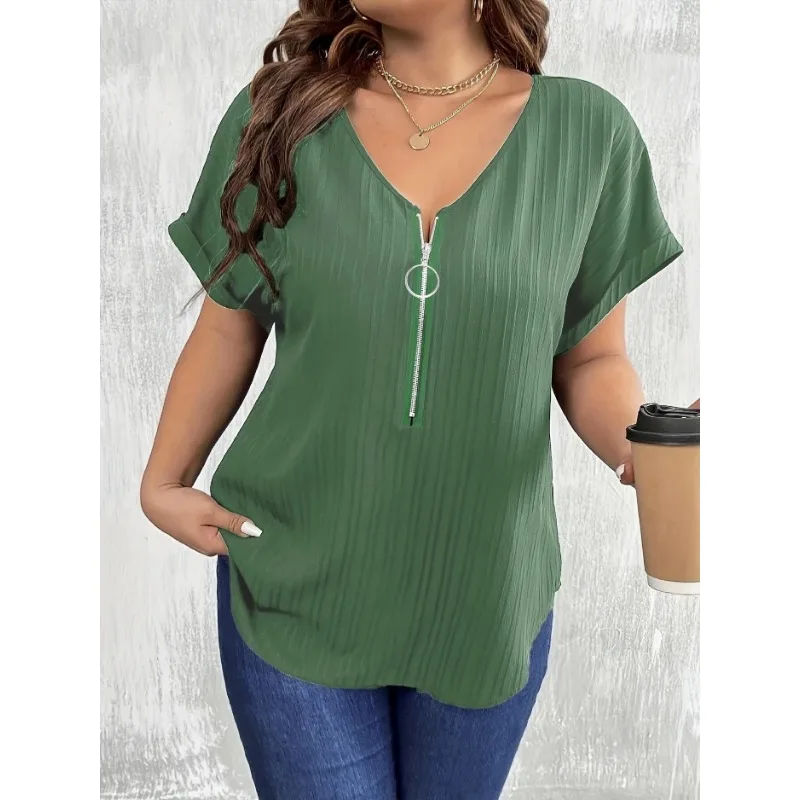 Plus Size 1XL-8XL Women\'s Casual Simple Solid Color T-shirt Tops Ladies Fashionable V-neck Short Sleeved Zippered T-shirt