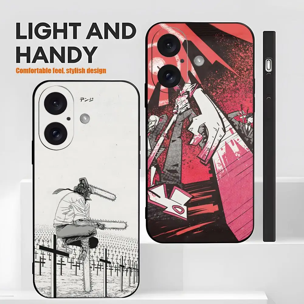 Anime Chainsaw Man Cool Phone Case For iPhone 17 16 15 14 13 12 X XR XS 8 Plus Mini Pro Max Soft black Shockproof Cover