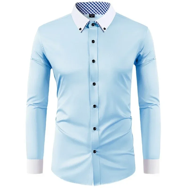 

Men's shirt, color matching collar blue button youth shirts, business casual cotton design shirts, fashion aura shirts wholesale