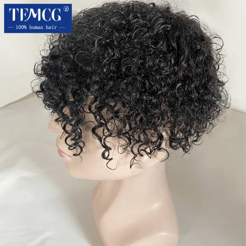 15MM Curly Male Hair Prosthesis Toupee Men 100% Indian Human Hair Comfortable Skin Base Wigs For Men System Replacement Man Wig