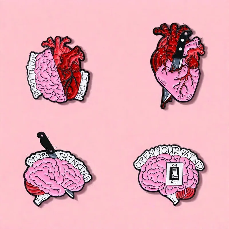 Gothic Brain Heart Organ Enamel Pin Set Funny Slogan Mental Health Metal Brooch Badge Backpack Jacket Decor Gift