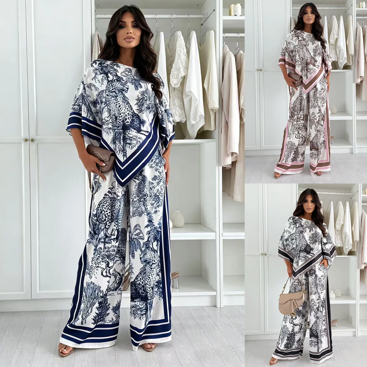Nouvel ensemble assorti mode femme printemps-été 2026 : haut imprimé floral et pantalon à motifs positionnés – Tenue deux pièces