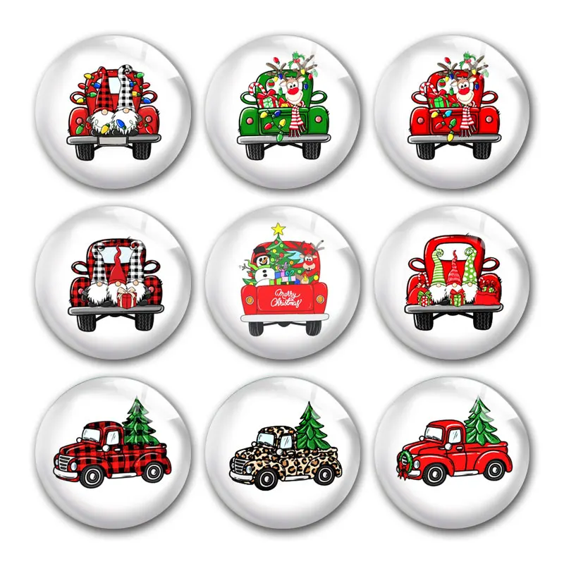 

Merry Christmas Xmas Truck Tree Gifts Gnome Round Photo Glass Cabochon Demo Flat Back DIY Jewelry Making Supplies Snap Button