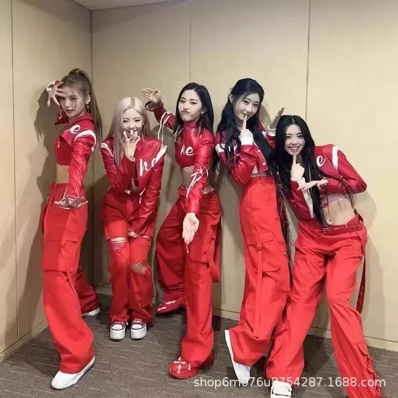 Kpop Women Group Jazz Dance Costume Outfit Sexy Red Zipper Jackets Straight Wide Leg Pants Performance Clothes Korean Stage Wear