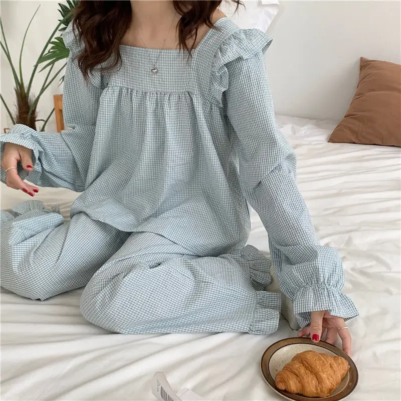 Pajama Sets Women Plaid Harajuku Schoolgirl Sweet Style Autumn Simple Sleepwear Square Collar Ins Popular Lovely Nightwear Daily