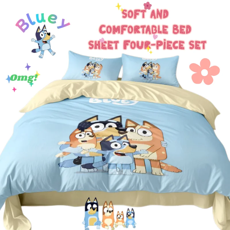 

Bluey Bingo Bandit Chilli Muffin Bed Sheet Four-Piece Set Animation Cartoon Student Cotton Comfortable Bed Sheet Quilt Cover Set