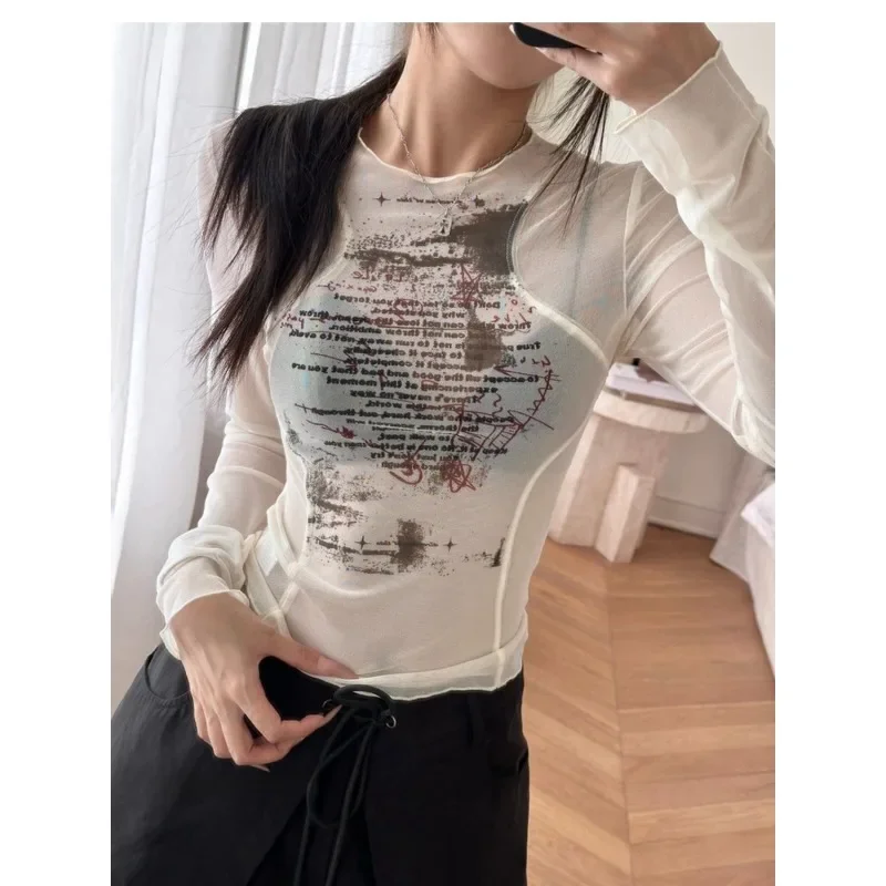 Long Sleeve T-shirt Women's Slim Bottoming Shirt Top Mesh Transparent Fungus Printed Round Neck