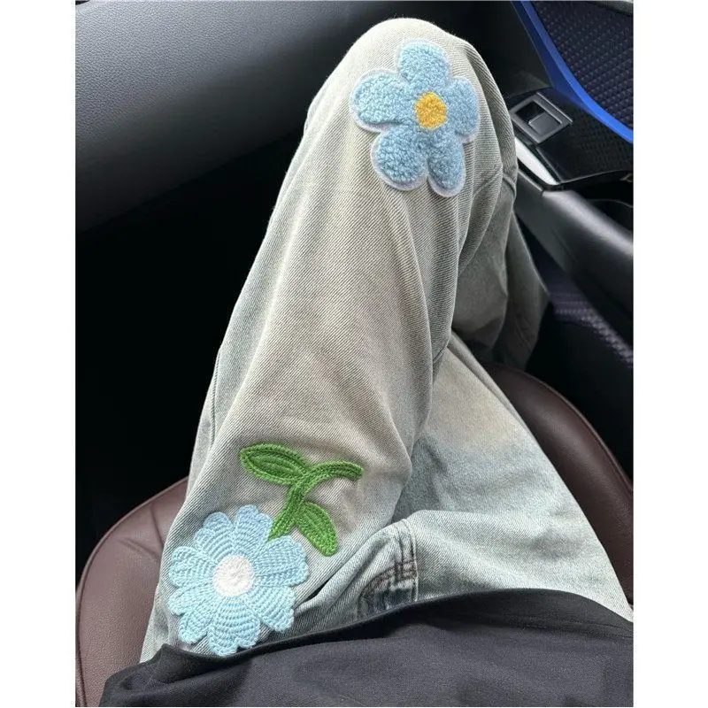 

American High Street Retro Vibe Pants Women's Spring New Fashion Flower Embroidered Micro La Denim Straight Leg Pants